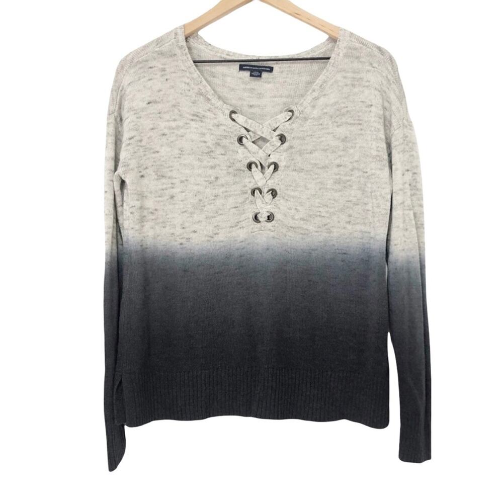 American Eagle Y2K gray to navy blue ombré lace up V-neck sweater Small